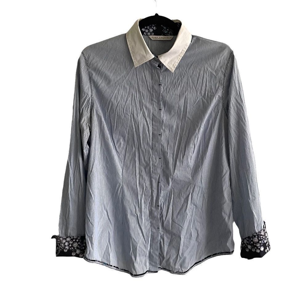 MAX VOLMARY Diamonds And Pearls Striped Button Front Blouse Blue White 14